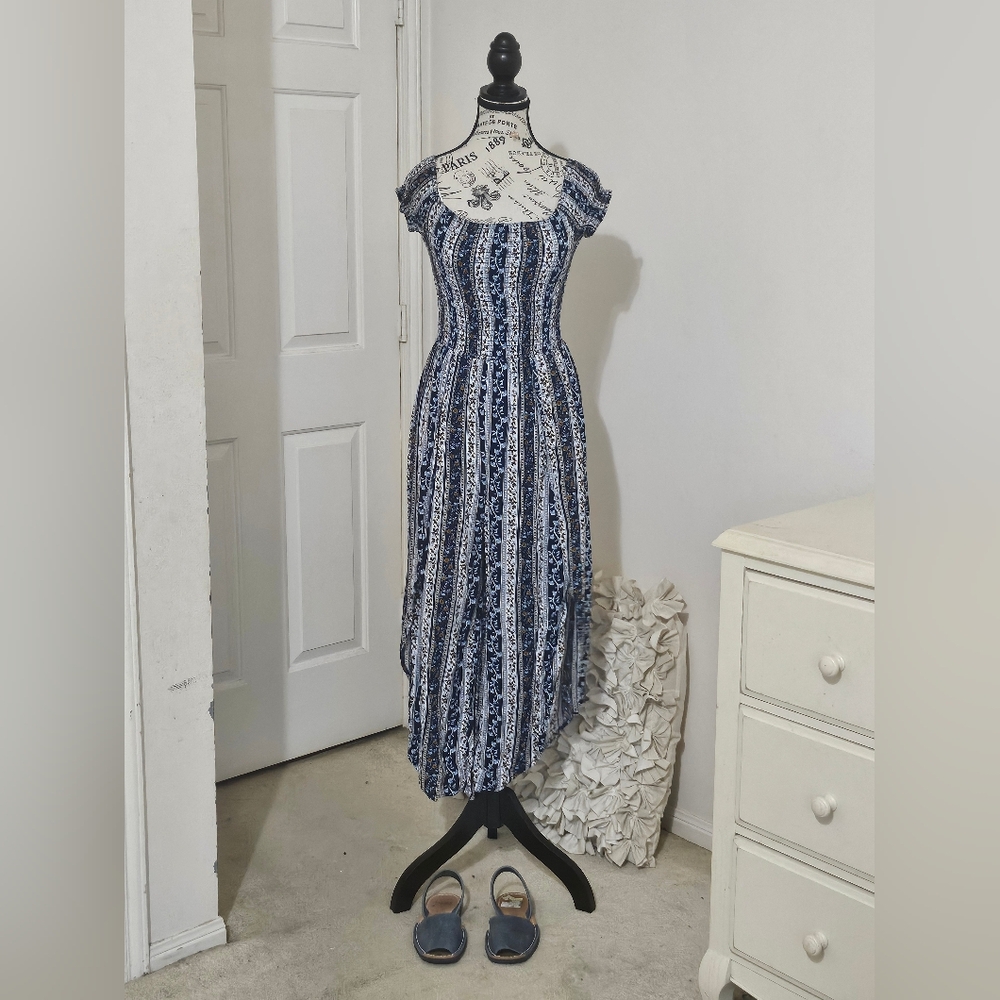 Blue and White Floral Off-Shoulder Smocked Jumpsuit With High Slits On Sides